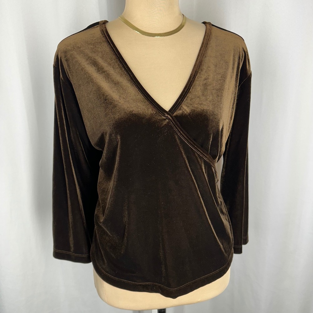 Vtg Soft Surroundings Brown Velvet Faux Wrap Surplice Top Size 1X Made in USA
